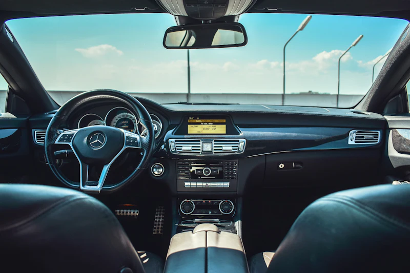 Leather interior and steering wheel of an executive car